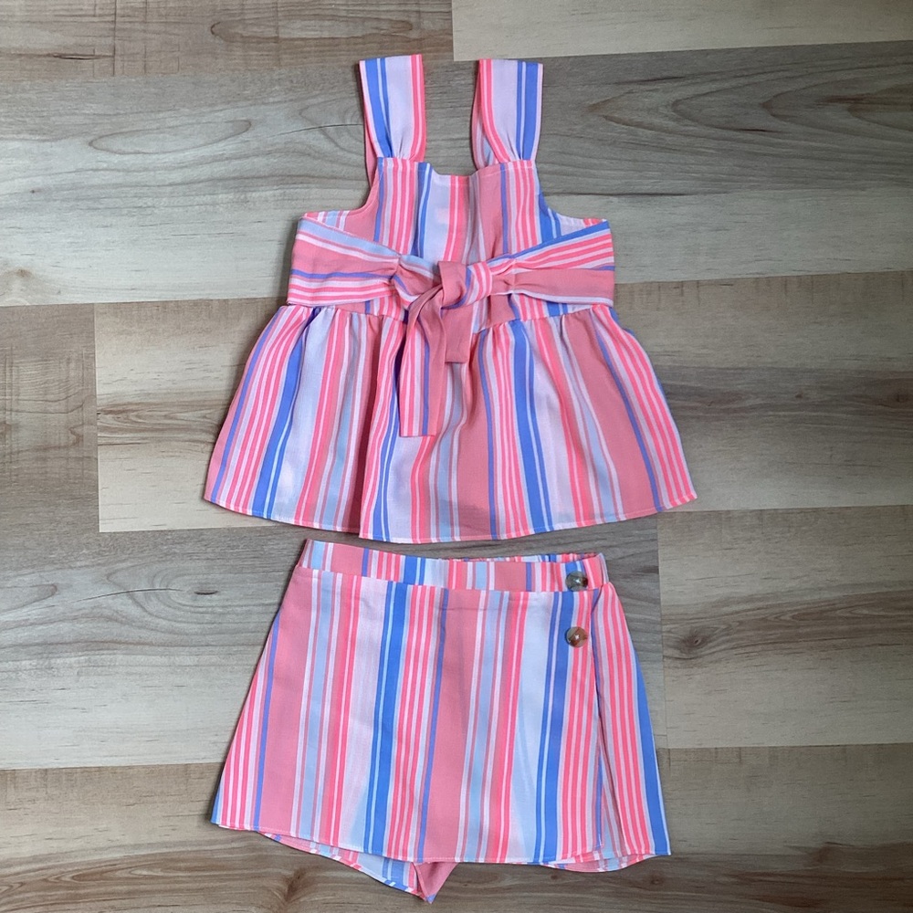 Satin Flowers Vibrant Pink & Blue Striped Skort Set with Tie Detail | girls 10